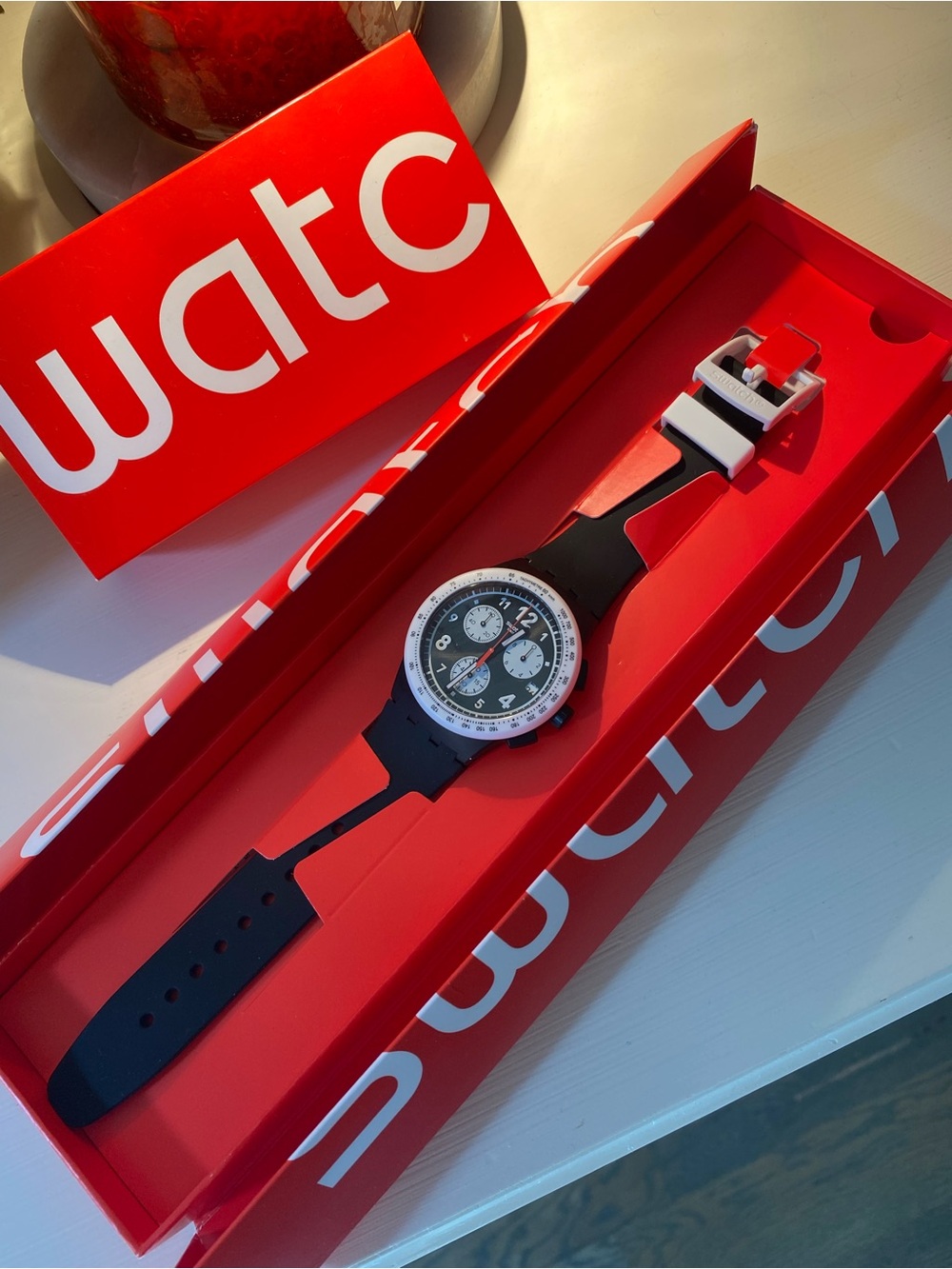 Swatch Black and White Chrono Silicone Strap Watch